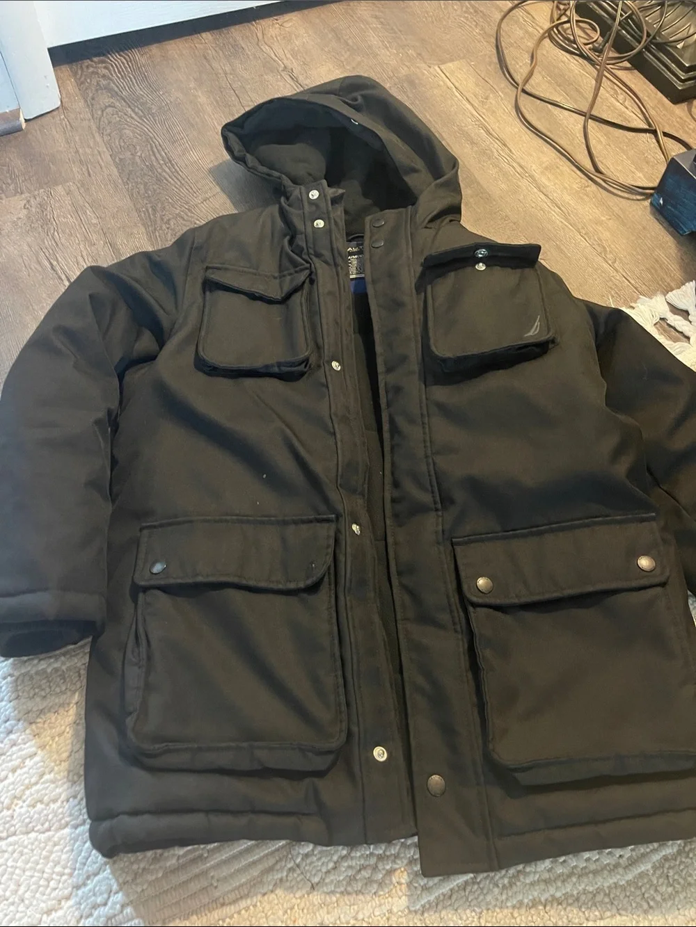 Nautica Black Hooded Puffer Jacket with Front Flap Pockets